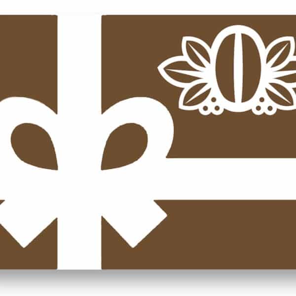 Brown gift card icon with white bow and logo